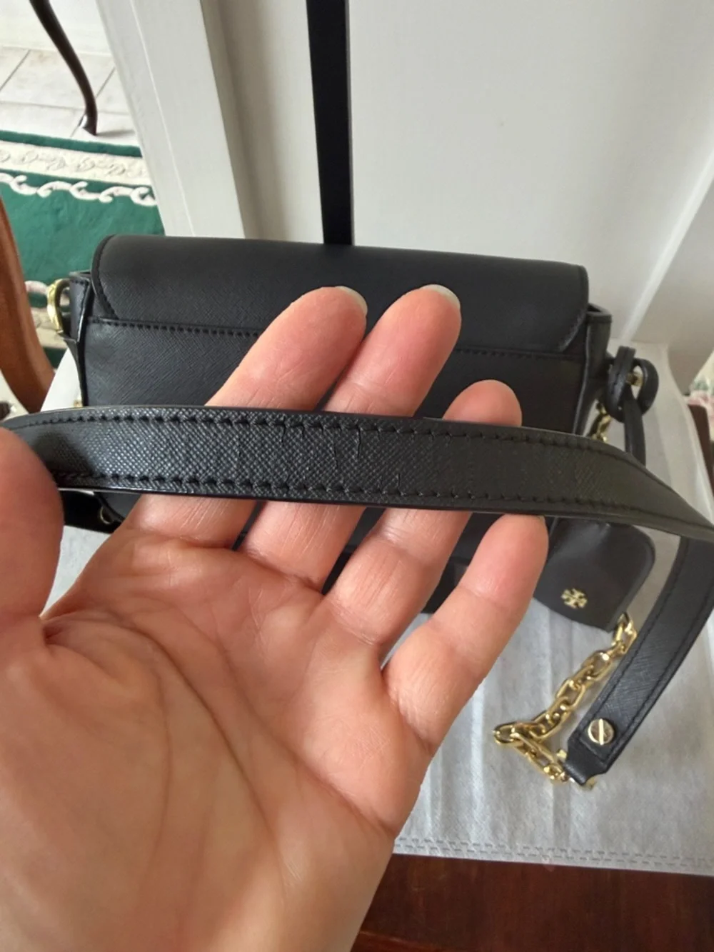 Tory Burch Black Leather Crossbody with Gold Chain Strap